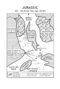 Map of the geography of the British Isles during the Jurassic Period 180 million years ago.